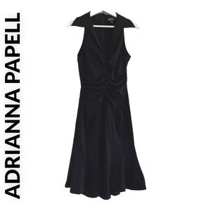 ADRIANNA PAPELL BLACK SATIN RUCHED TRUMPET HEM SLEEVELESS COLLAR DRESS SIZE 4